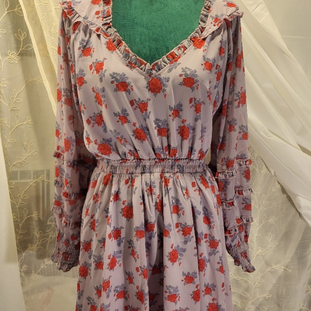 🧡Shabby Chic Ruffled Lavender & Rose Floral V-Neck Long Blouson Sleeve Dress M